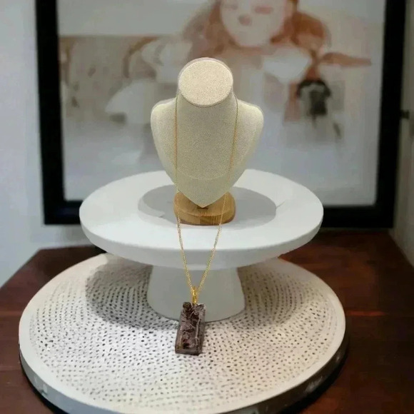 Dried Flowers Peach Blossom Resin Dog Tags Statement Neckace Gold Plated chain - Picture 2 of 6